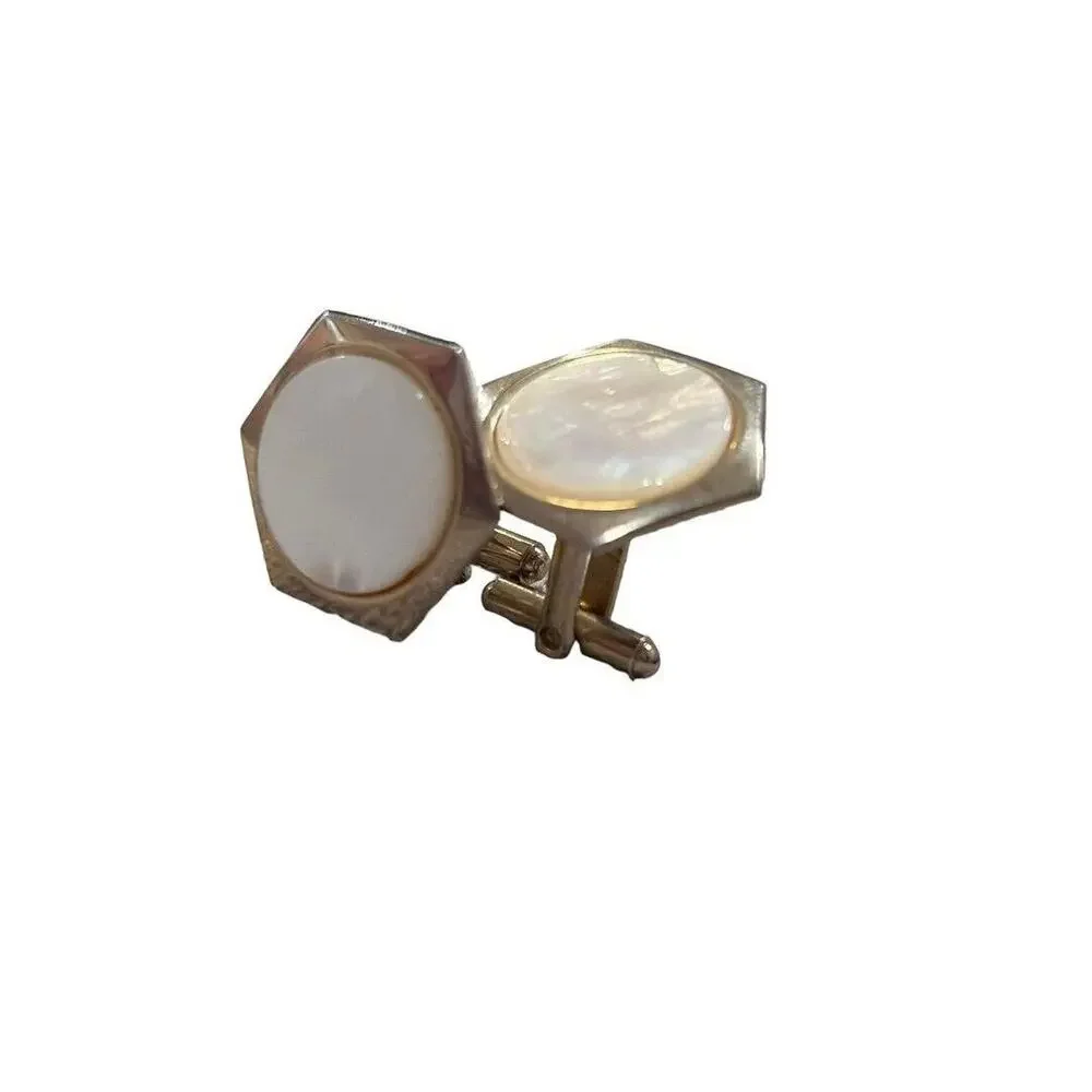 Mother Of Pearl Hexagon Gold Tone Cufflinks Vintage 15/16